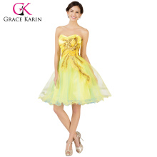 Grace Karin Newest Design Strapless Tulle Ball Short Puffy Light Yellow Peacock Homecoming Dress CL007541-4